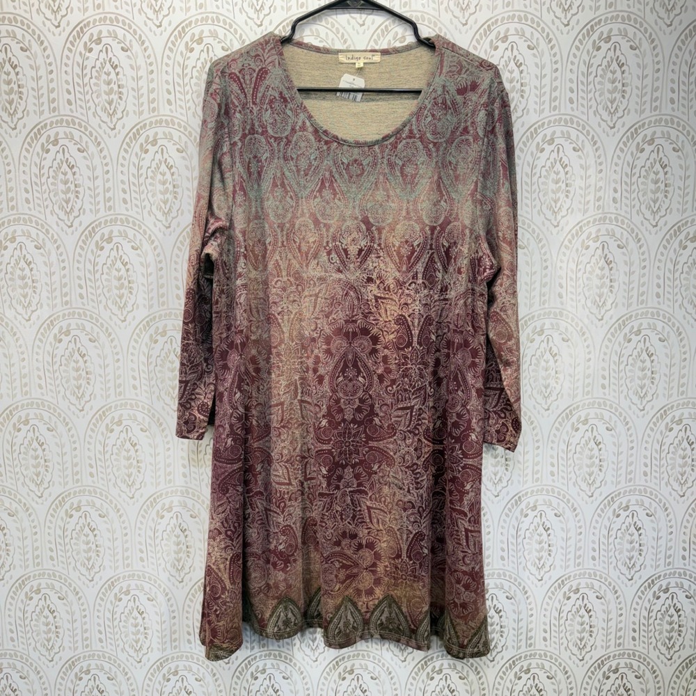 Indigo Soul Tunic Women XL Multi Paisley Print Long Sleeve Boho Knit Top
